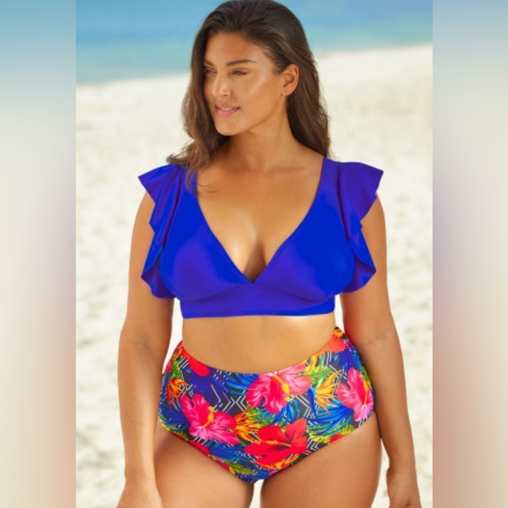 Blue Ruffle Top High Waisted Floral Bottoms 2 Piece Bikini Swimsuit Bathing Suit